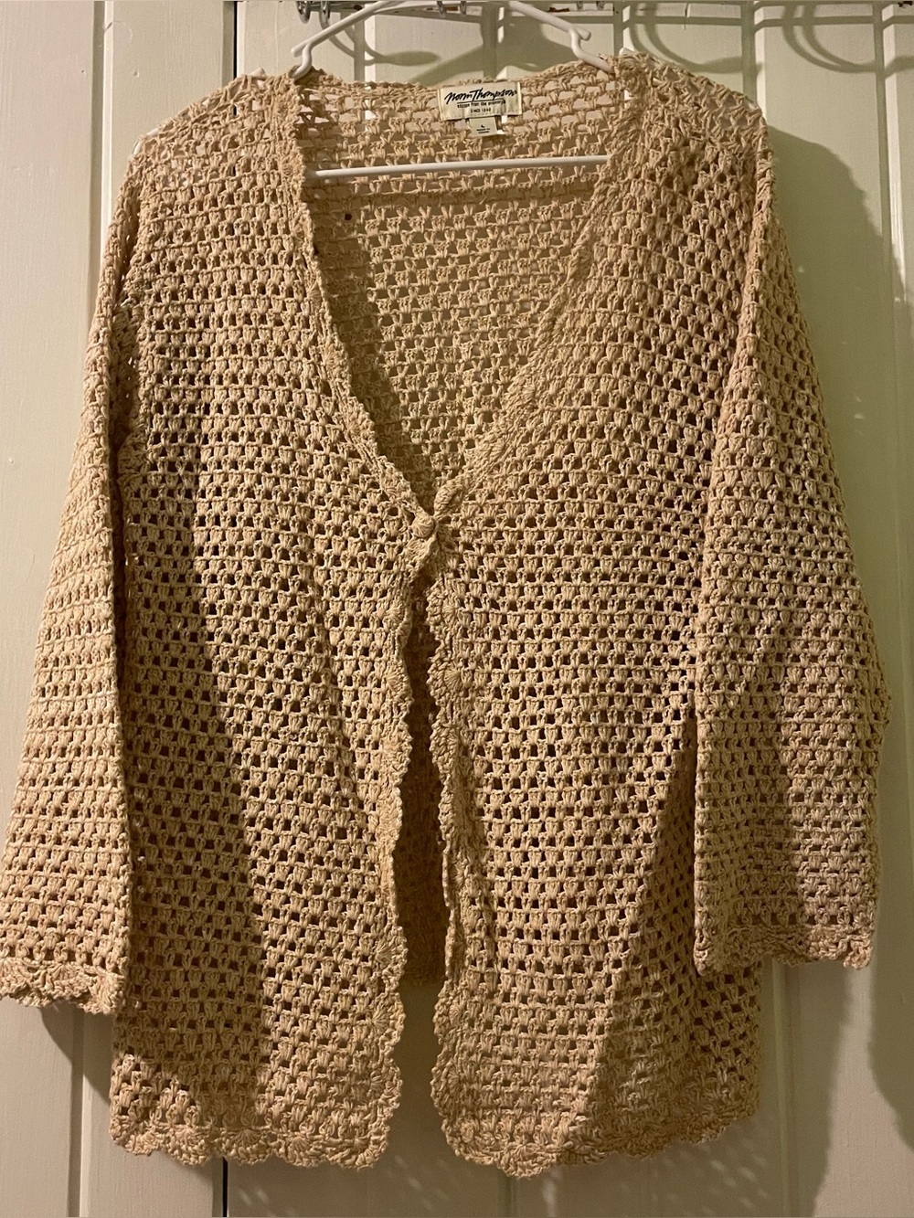 Norm Thompson beige crocheted cardigan-large EUC